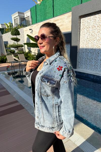 OMUZLARI RENKLİ TAŞLI KOT CEKET Mavi