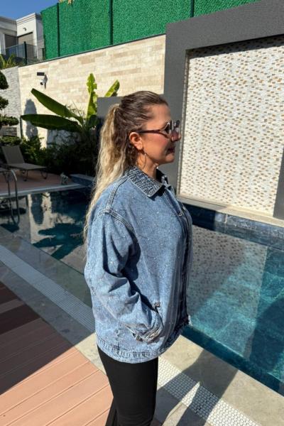 BAKLAVA DİLİM TAŞ DETAYLI KOT CEKET Mavi