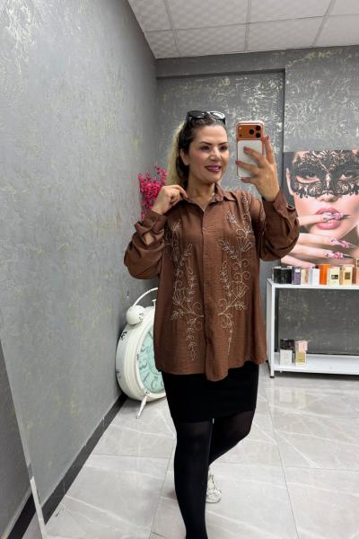 YAPRAK İŞLEME DETAY GÖMLEK Acı Kahve