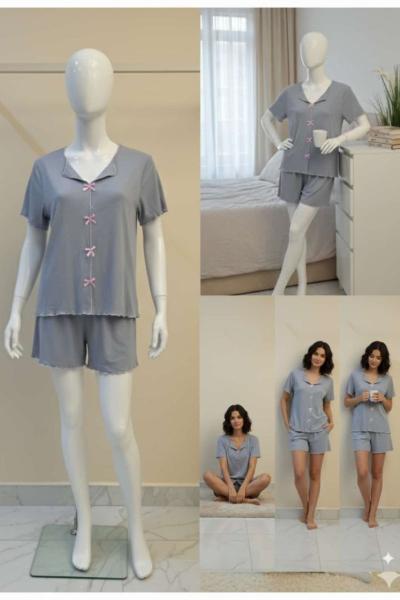 GRİ PEMBE FİYONK DETAY ŞORTLU TAKIM Gri