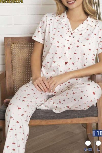 KİRAZLI DÜĞMELİ PİJAMA TAKIMI Beyaz