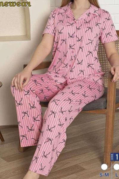 FİYONK DETAYLI DÜĞMELİ PİJAMA TAKIMI Pembe