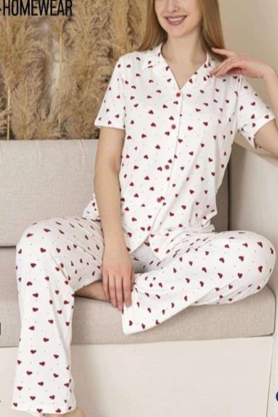 KIRMIZI KALPLİ DÜĞMELİ PİJAMA TAKIMI Beyaz