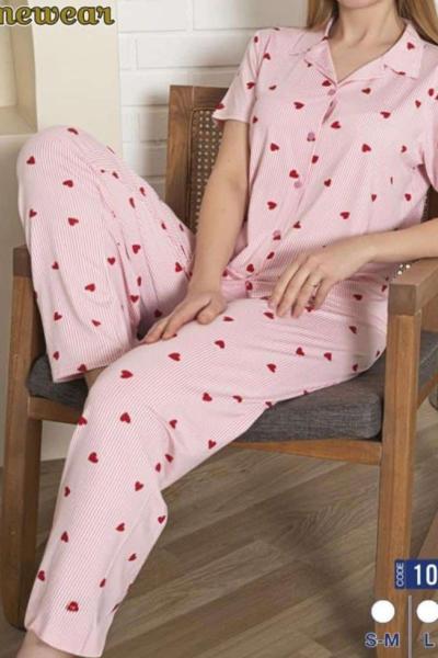 KIRMIZI KALPLİ ÇİZGİLİ PİJAMA TAKIMI Pembe