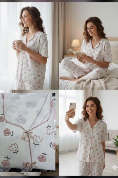 GÜLEN YÜZ ÇİÇEKÇİ PİJAMA TAKIMI Krem