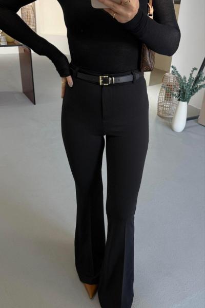 2076/ CREP KUMAŞ KEMERLİ PANTOLON Siyah