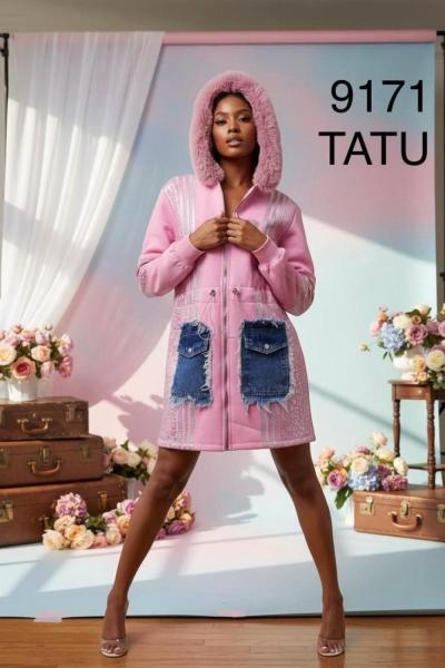 Bayan ithal yaka kürklü mont Pembe