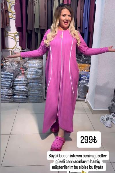 ÇİZGİ DETAY ELBİSE Pembe