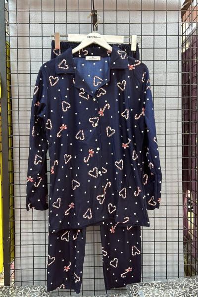 SÜET KUMAŞ KALPLİ FİYONKLU PİJAMA TAKIMI Lacivert