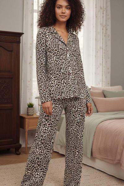 SÜET KUMAŞ LEOPAR PİJAMA TAKIMI Siyah