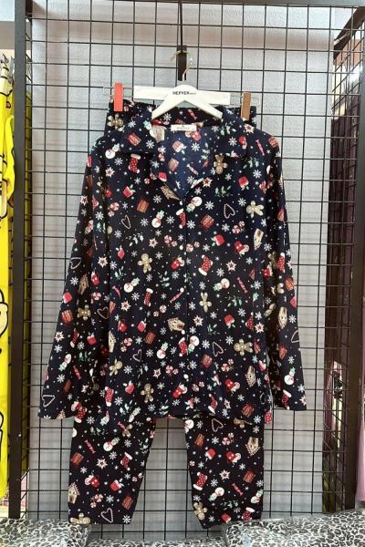 SÜWT KUMAŞ YILBAŞI BASKI PİJAMA TAKIMI Lacivert