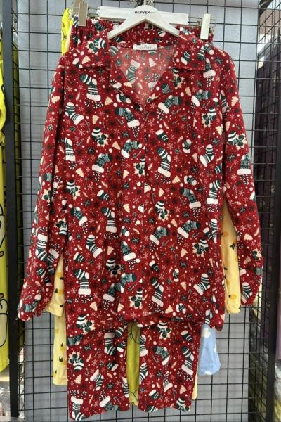 SÜWT KUMAŞ YILBAŞI BASKI PİJAMA TAKIMI Kırmızı