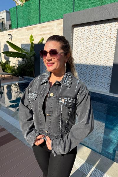 TAŞ DETAYLI KOT CEKET  Siyah